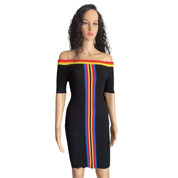 Derek Heart Dresses & Skirts - Derek Heart Black Ribbed Rainbow Trimmed Mini Bodycon Dress